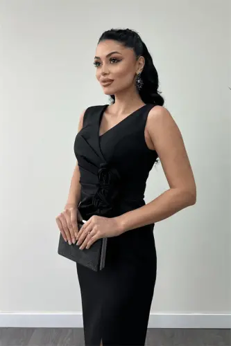 Atlas Fabric Rose Detailed Pencil Dress - BLACK - 3