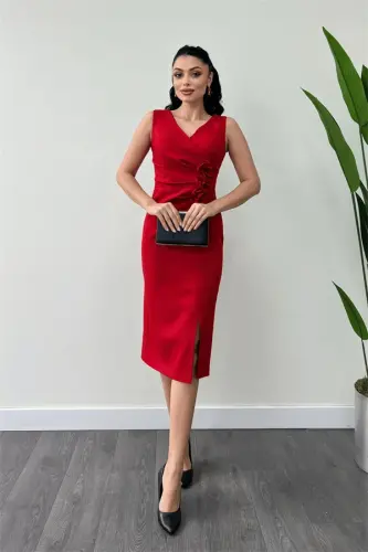 Atlas Fabric Rose Detailed Pencil Dress - RED - 1