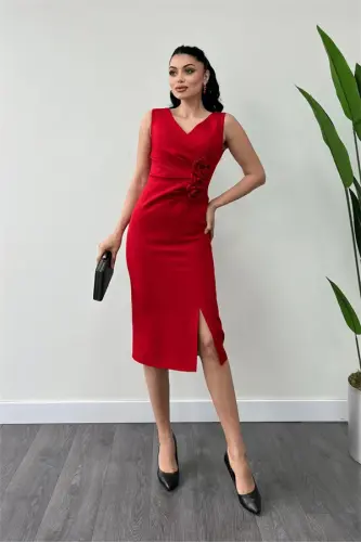Atlas Fabric Rose Detailed Pencil Dress - RED - BÜYÜKBEDENIZ (1)