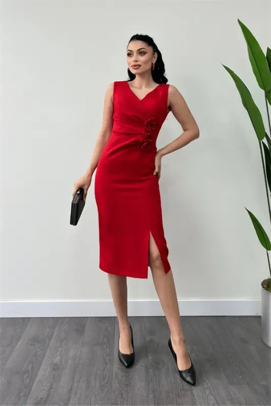 Atlas Fabric Rose Detailed Pencil Dress - RED - 2