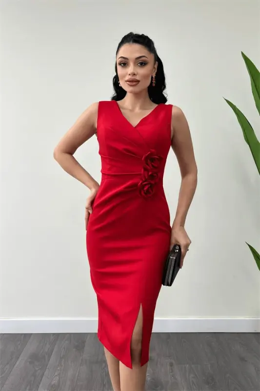 Atlas Fabric Rose Detailed Pencil Dress - RED - 3