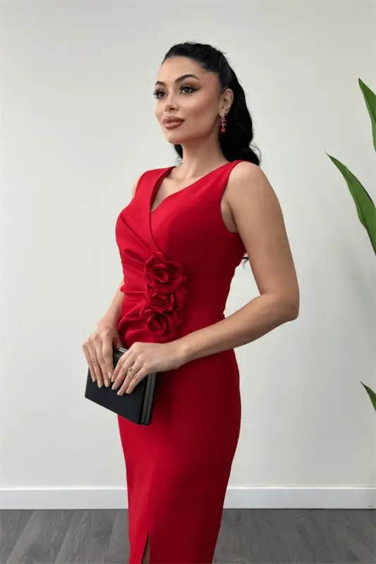 Atlas Fabric Rose Detailed Pencil Dress - RED - 4