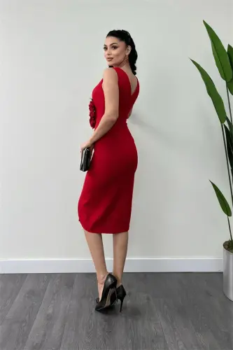 Atlas Fabric Rose Detailed Pencil Dress - RED - 5