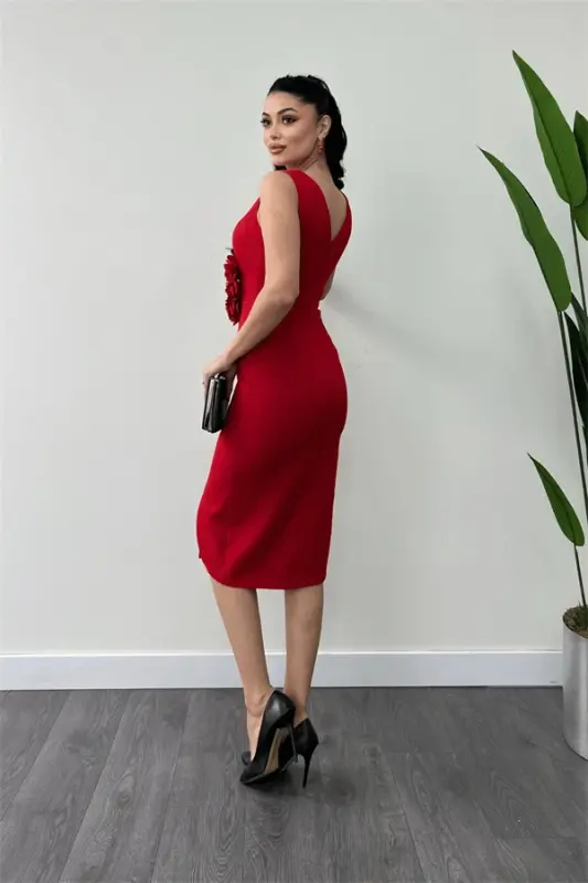 Atlas Fabric Rose Detailed Pencil Dress - RED - 5