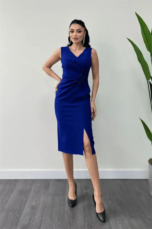 Atlas Fabric Rose Detailed Pencil Dress - SAX BLUE - BÜYÜKBEDENIZ