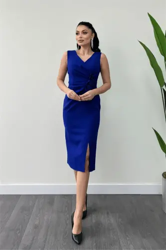 Atlas Fabric Rose Detailed Pencil Dress - SAX BLUE - BÜYÜKBEDENIZ (1)
