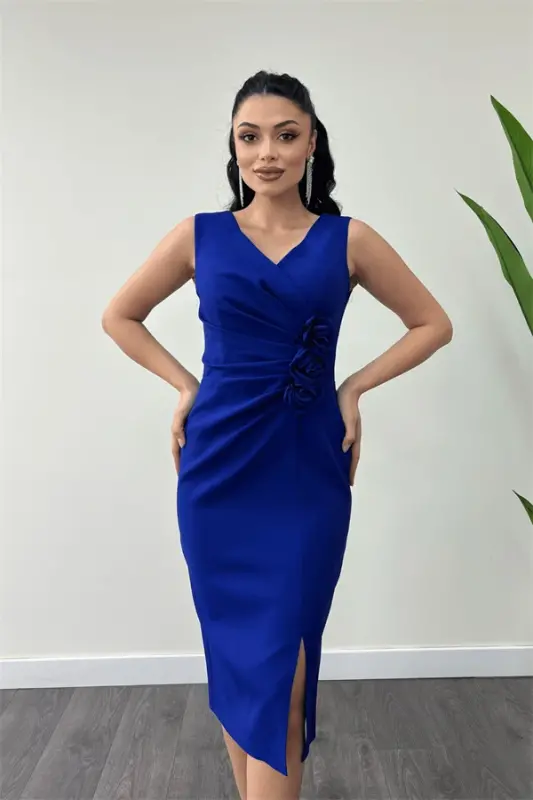 Atlas Fabric Rose Detailed Pencil Dress - SAX BLUE - 4