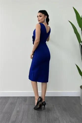 Atlas Fabric Rose Detailed Pencil Dress - SAX BLUE - 6