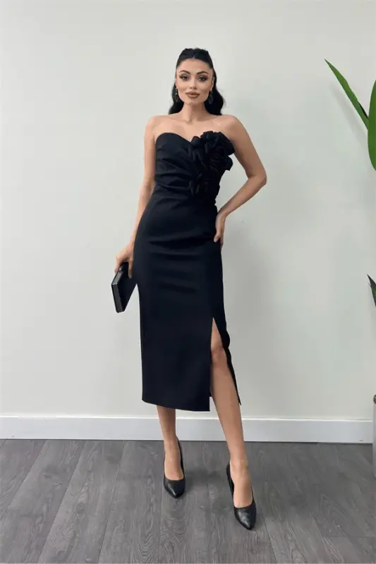 Atlas Fabric Rose Detailed Strapless Pencil Dress - BLACK - BÜYÜKBEDENIZ
