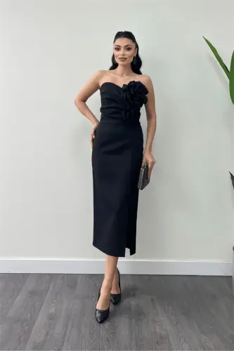 Atlas Fabric Rose Detailed Strapless Pencil Dress - BLACK - BÜYÜKBEDENIZ (1)