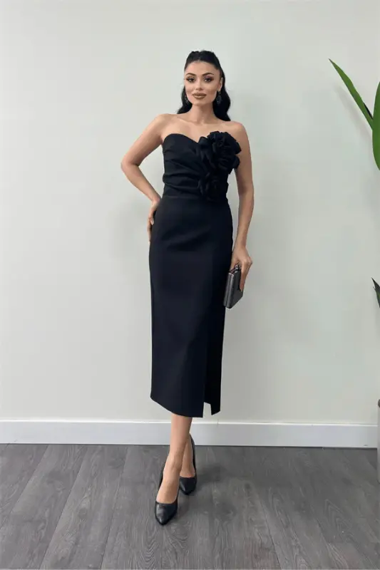 Atlas Fabric Rose Detailed Strapless Pencil Dress - BLACK - 2