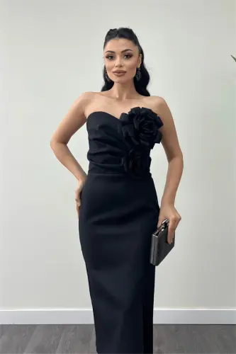 Atlas Fabric Rose Detailed Strapless Pencil Dress - BLACK - 3