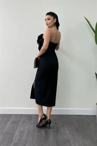 Atlas Fabric Rose Detailed Strapless Pencil Dress - BLACK - 4