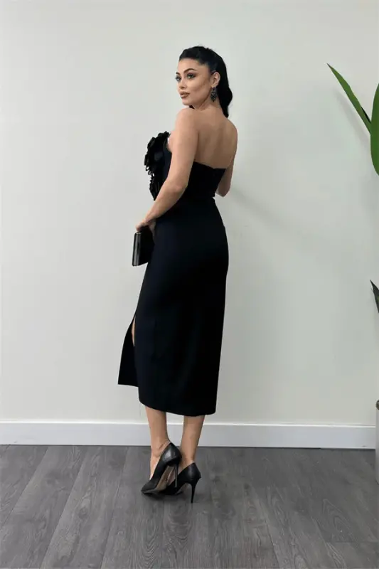 Atlas Fabric Rose Detailed Strapless Pencil Dress - BLACK - 4