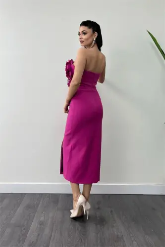Atlas Fabric Rose Detailed Strapless Pencil Dress - FUCHSIA - 10