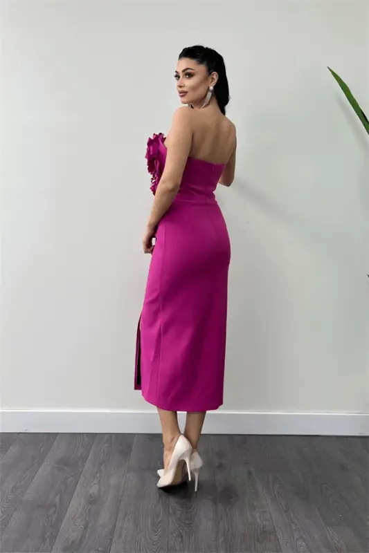 Atlas Fabric Rose Detailed Strapless Pencil Dress - FUCHSIA - 10