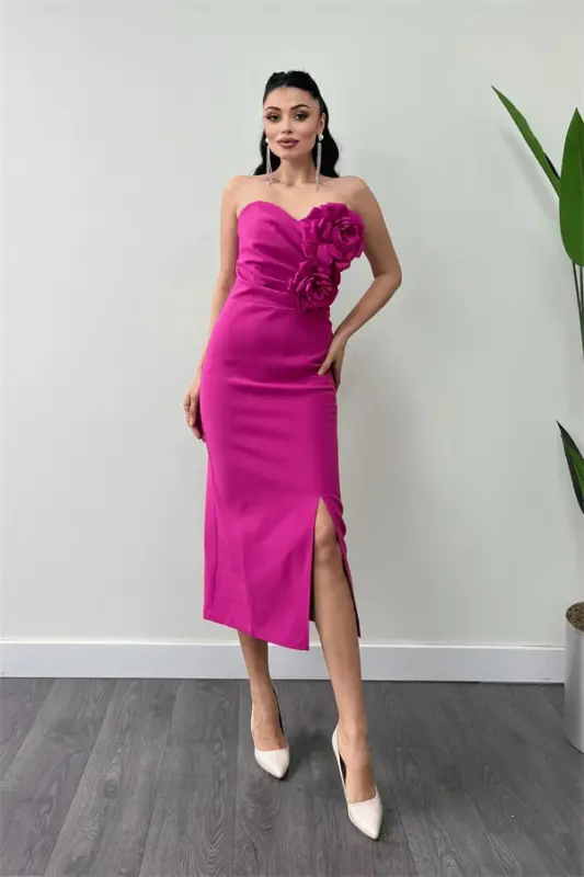 Atlas Fabric Rose Detailed Strapless Pencil Dress - FUCHSIA - BÜYÜKBEDENIZ