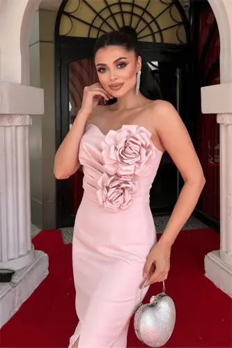 Atlas Fabric Rose Detailed Strapless Pencil Dress - POWDER - 3