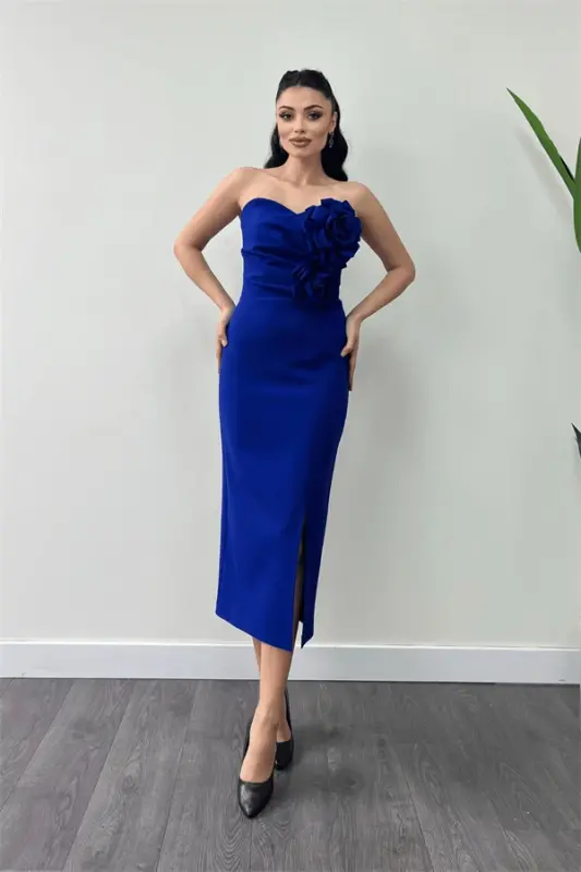 Atlas Fabric Rose Detailed Strapless Pencil Dress - SAXE BLUE - 1