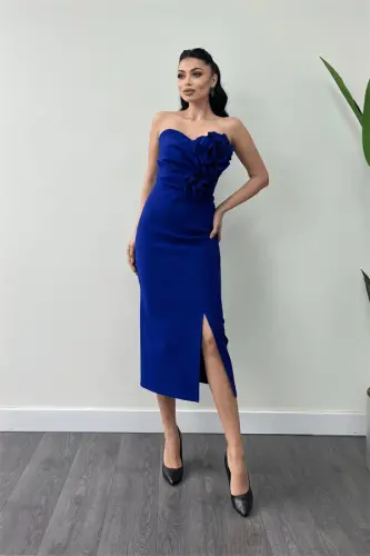 Atlas Fabric Rose Detailed Strapless Pencil Dress - SAXE BLUE - 2