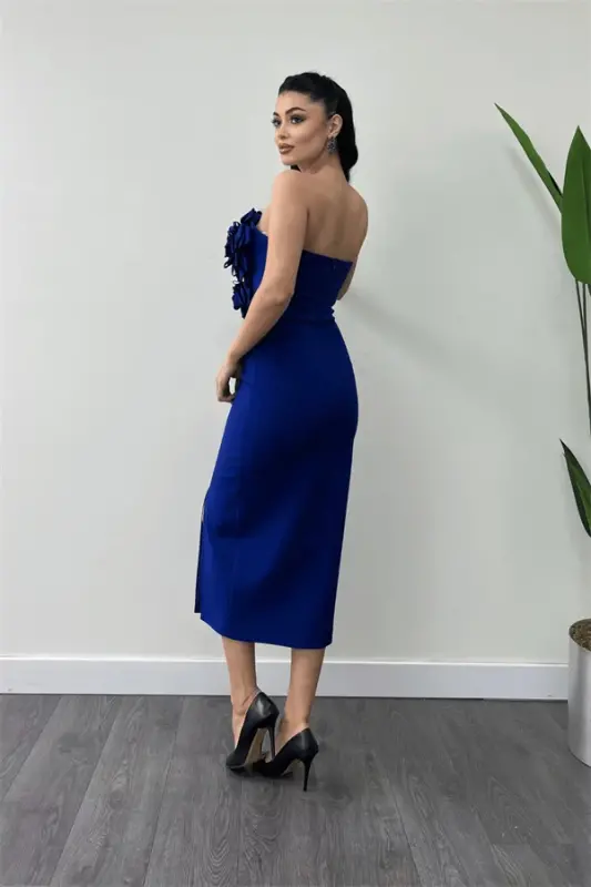Atlas Fabric Rose Detailed Strapless Pencil Dress - SAXE BLUE - 5