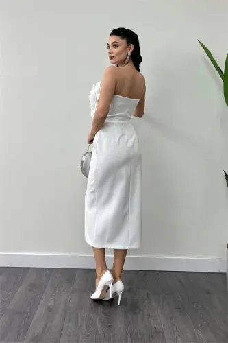 Atlas Fabric Rose Detailed Strapless Pencil Dress - WHITE - 7