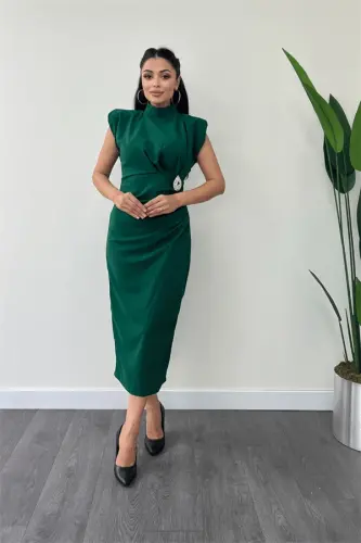 Atlas Fabric Ruched and Brooch Detailed Pencil Dress - EMERALD GREEN - 2