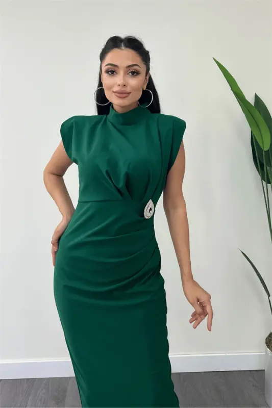 Atlas Fabric Ruched and Brooch Detailed Pencil Dress - EMERALD GREEN - 4
