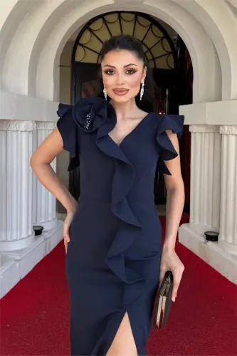 Atlas Fabric Ruffle Detail Pencil Dress - NAVY BLUE - 4