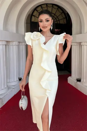 Atlas Fabric Ruffle Detailed Pencil Dress - CREAM - 3