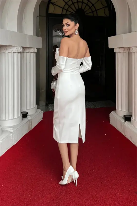 Atlas Fabric Satin Collar Sleeve Detailed Pencil Dress - WHITE - 7