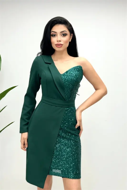 Atlas Fabric Sequin Detailed Jacket Dress - EMERALD GREEN - 1