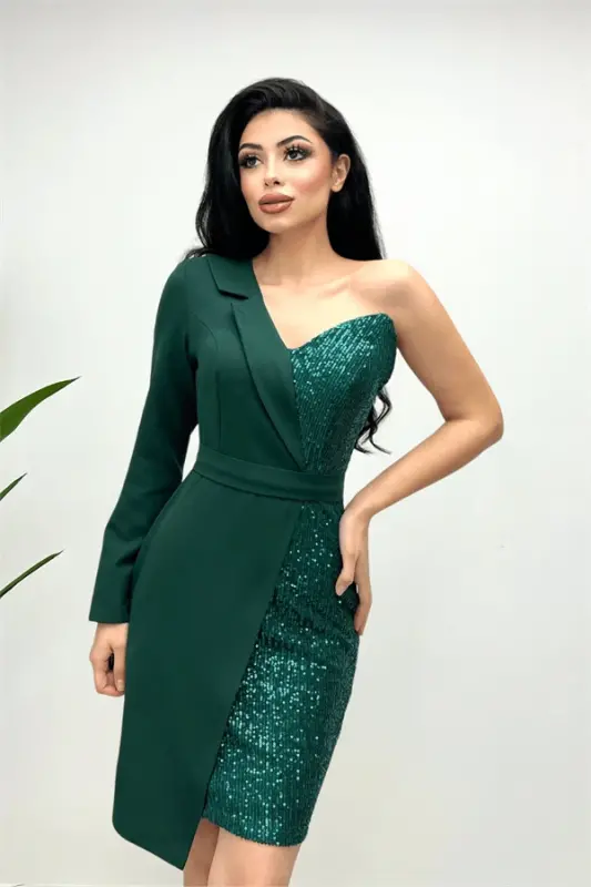 Atlas Fabric Sequin Detailed Jacket Dress - EMERALD GREEN - 3