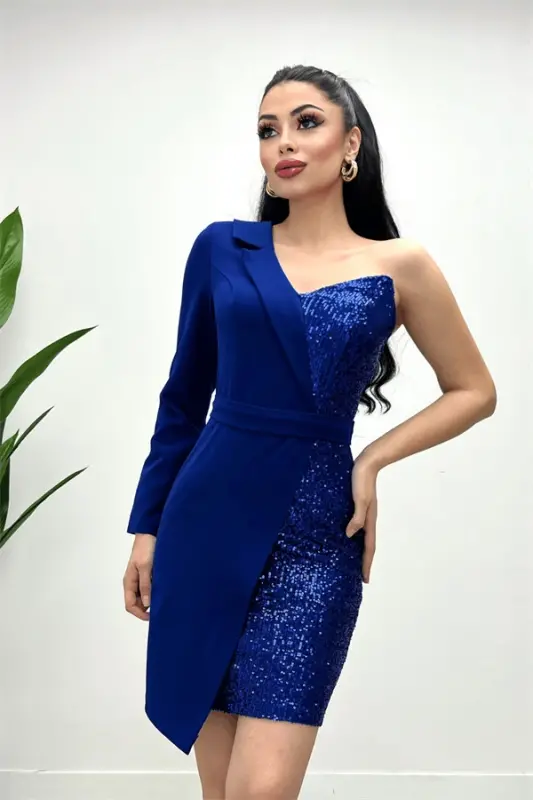 Atlas Fabric Sequin Detailed Jacket Dress - NAVY BLUE - 2