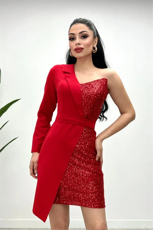 Atlas Fabric Sequin Detailed Jacket Dress - RED - 1