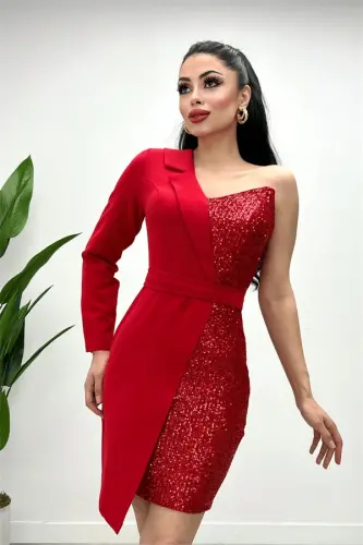 Atlas Fabric Sequin Detailed Jacket Dress - RED - BÜYÜKBEDENIZ (1)