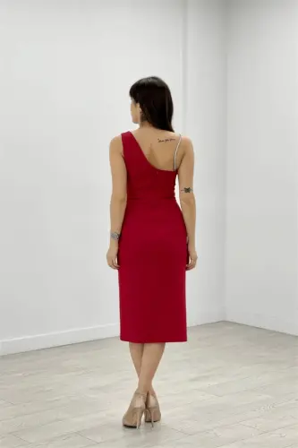 Atlas Fabric Sequin Ribbon Detail Shift Dress - RED - 5