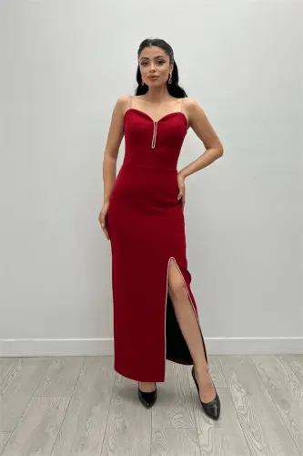 Atlas Fabric Sequin Strap Detailed Pencil Dress - BURGUNDY - 1