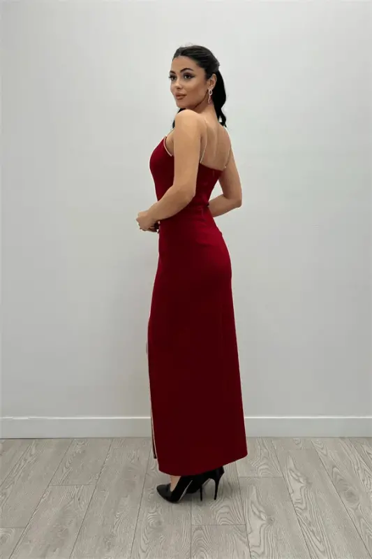 Atlas Fabric Sequin Strap Detailed Pencil Dress - BURGUNDY - 5