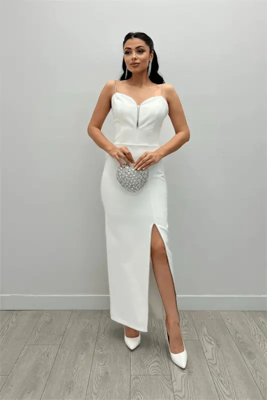Atlas Fabric Sequin Strappy Detail Shift Dress - White - BÜYÜKBEDENIZ