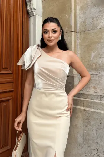 Atlas Fabric Shoulder Organza Detailed Pencil Dress - BEIGE - 4