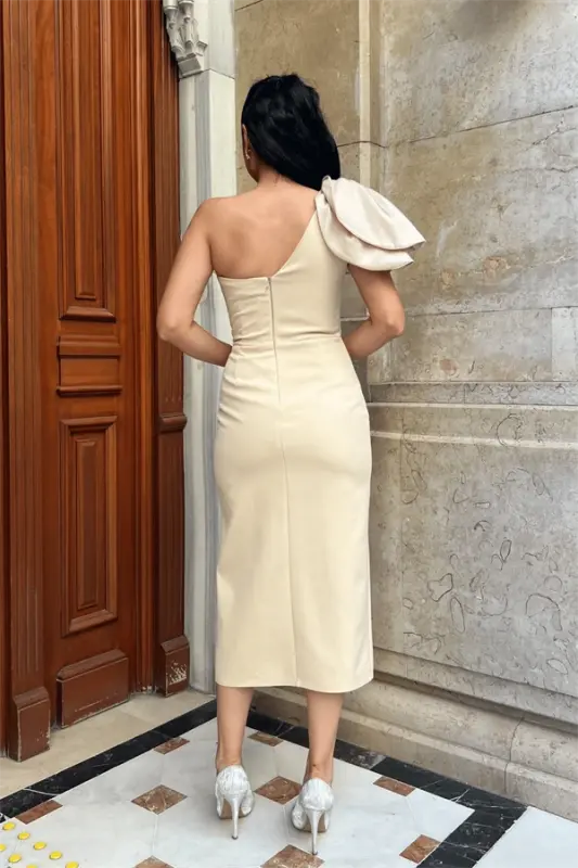 Atlas Fabric Shoulder Organza Detailed Pencil Dress - BEIGE - 5