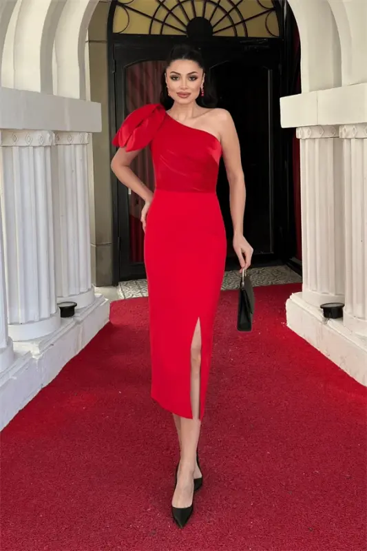 Atlas Fabric Shoulder Organza Detailed Pencil Dress - RED - BÜYÜKBEDENIZ