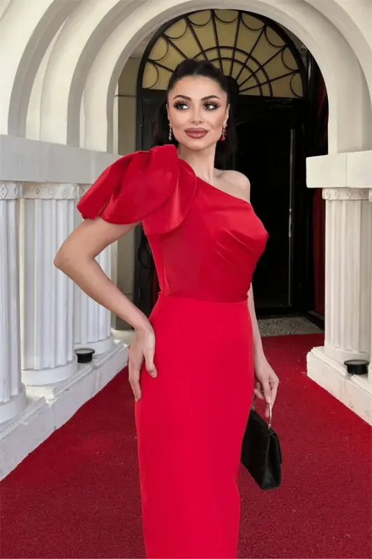 Atlas Fabric Shoulder Organza Detailed Pencil Dress - RED - 4