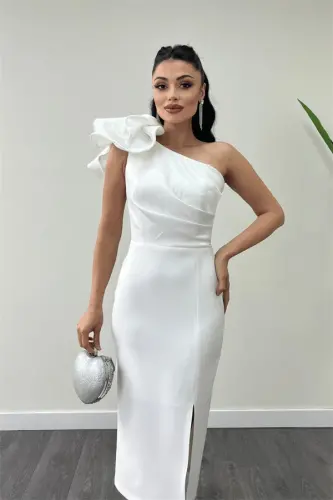 Atlas Fabric Shoulder Organza Detailed Pencil Dress - WHITE - 4