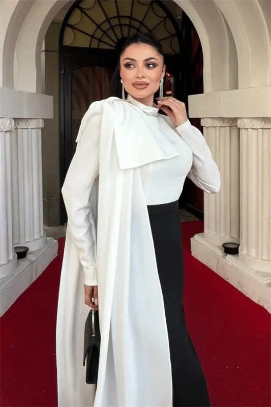 Atlas Fabric Shoulder Shawl Detailed Fish Dress - BLACK - 3