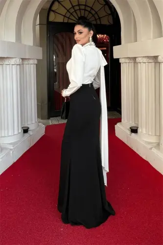 Atlas Fabric Shoulder Shawl Detailed Fish Dress - BLACK - 5