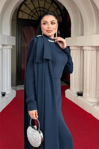 Atlas Fabric Shoulder Shawl Detailed Fish Dress - NAVY BLUE - 4