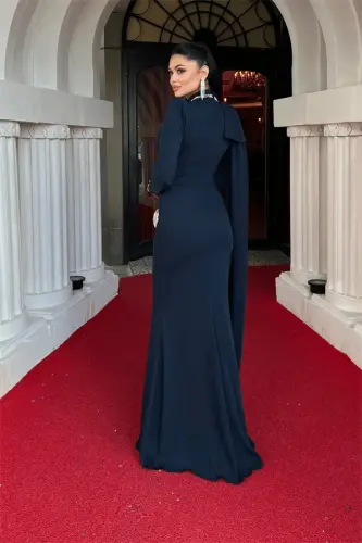 Atlas Fabric Shoulder Shawl Detailed Fish Dress - NAVY BLUE - 6