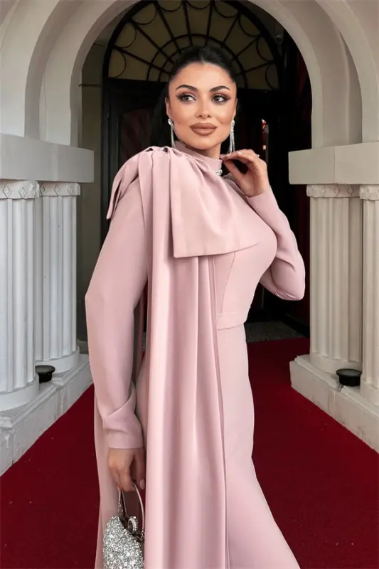 Atlas Fabric Shoulder Shawl Detailed Fish Dress - POWDER - 4